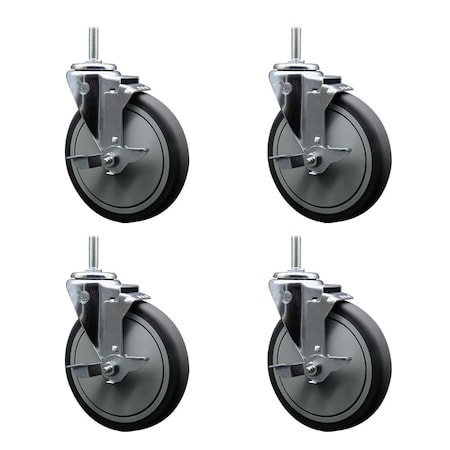 Service Caster 6 Inch Thermoplastic Rubber Wheel Swivel 58 Inch Threaded Stem Caster Set with Brake SCC SCC-TS20S614-TPRB-TLB-58212-4